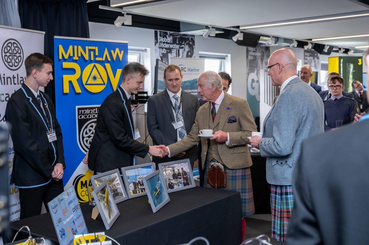 MintlawAcademy's tweet photo. Mintlaw ROV, extra curricular club, were today invited to the official opening of the Global Underwater Hub office in Westhill, Aberdeen.  They were honoured to meet the King during this visit.  (Photos provided by GUH) https://t.co/bQaSfkpbXy