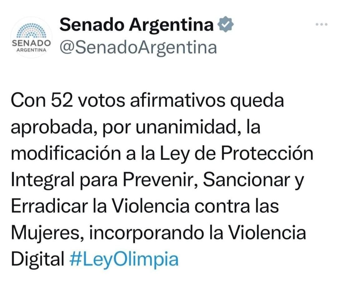 OlimpiaCMujer's tweet photo. ¡Se aprueba por unanimidad la #LeyOlimpia en el @SenadoArgentina 🔥🔥🔥🔥🔥🔥🔥

Lo que significa que regresa a Cámara de Diputados y con esto será ley.
Estamos a un paso 💜🇦🇷

¡Gracias a todas, es especial a nuestras compañeras que con amor resisten!
Va por Belen🇦🇷 https://t.co/hjr4XcBB3K