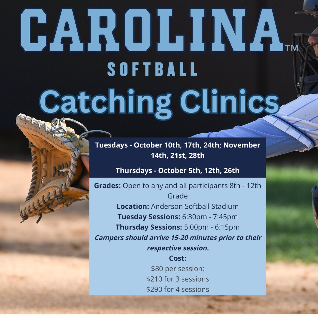 Tarheelsbcamps's tweet photo. First clinic starts NEXT WEEK! Don’t miss out on the chance to train like the Tar Heel catchers!! Link in bio! GO HEELS!! 🐏 🩵 #uncsoftball #goheels #tarheels #unc https://t.co/0doESIQEdI