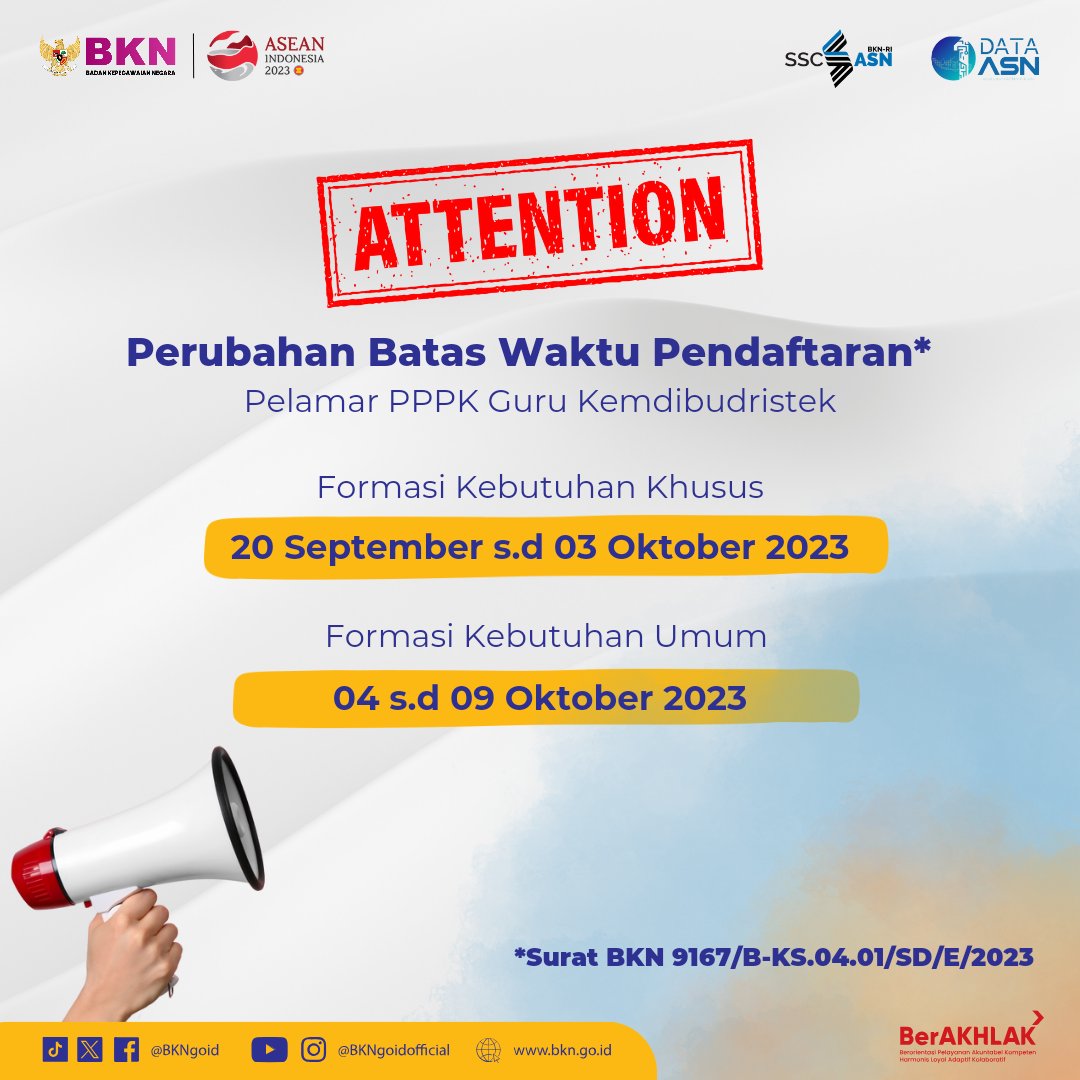 BKNgoid's tweet photo. Sesuai dengan Surat @gtk_kemdikbud perihal penyesuaian waktu pendaftaran PPPK Guru hari ini ke BKN, silakan #SobatBKN sesuaikan dengan jadwal terbaru ya.

"Gimana gimana min maksudnya?"

⚠️ Buat yang uda ngantuk lelah, besok lagi aja disimak info terbarunya.

#SeleksiCASN2023 https://t.co/K98E6Hr5Ec