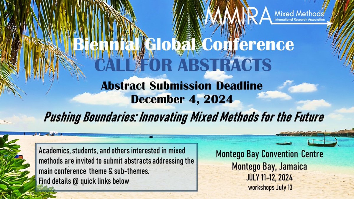 is pleased to announce the CALL FOR ABSTRACTS for its BIENNIAL GLOBAL CONFERENCE, 2024 to be held in Montego Bay, Jamaica. Submissions will close December 4, 2023. For details visit MMIRA's website @ mmira.wildapricot.org . See flyer below #mixedmethods #research