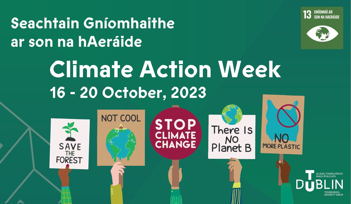 🌍 #ClimateActionWeek takes place 16-20 Oct. @WeAreTUDublin will lead on a host of #climateaction events to engage & educate our people in climate science, climate injustice & climate resilience activity 🌿 
tudublin.ie/explore/about-…

#TUDublinSustainability
#TUDublinGreenCampus