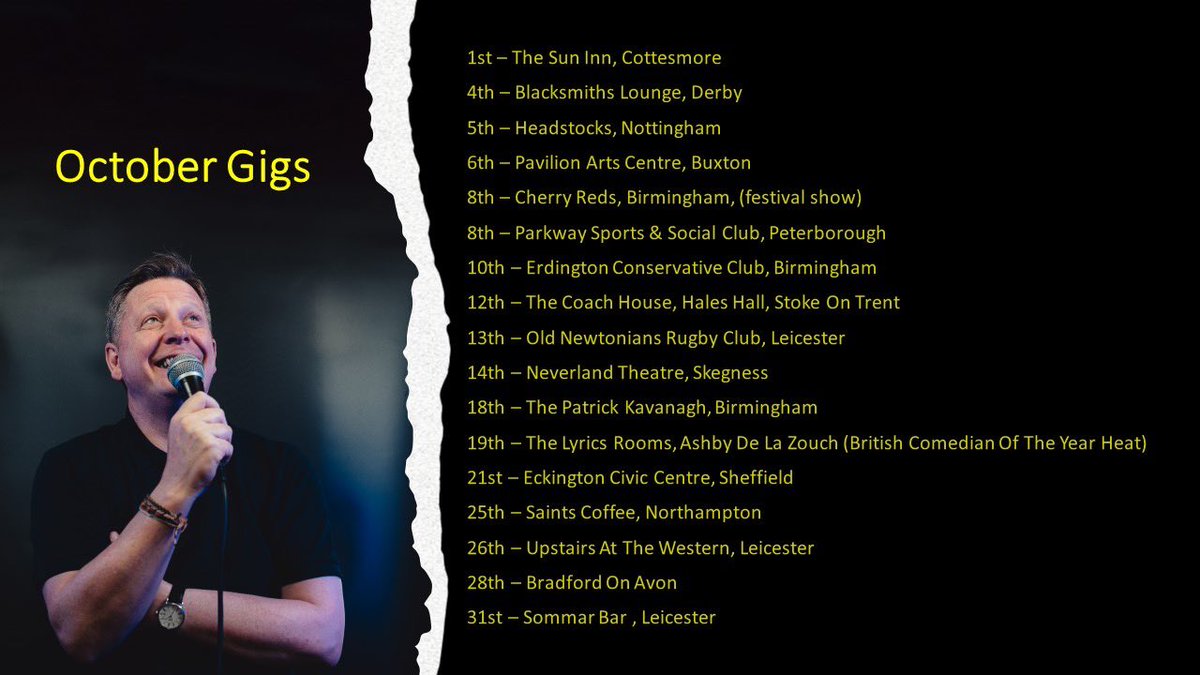 kdanielcomedy's tweet photo. Here’s where I’ll be gigging in October, if you would like any more details, ticket links etc, let me know, thanks Kevin 👍 #october #comedygigs #giglist #giggingcomedian https://t.co/Bt9qNqUHjo
