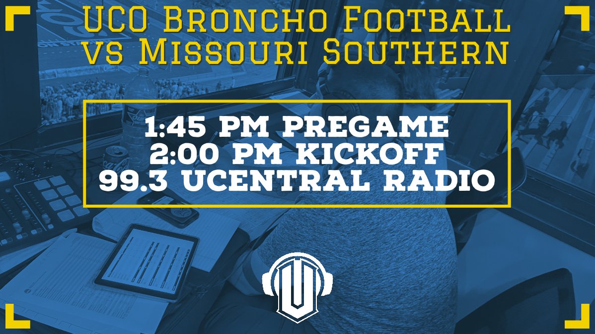 Join <a href="/UCentralRadio/">UCentral Radio 99.3 fm</a> this Saturday afternoon for Homecoming!
Our student broadcast of <a href="/UCOFootball/">Broncho Football</a> gets underway at 1:45 PM for the PreGame and 2:00 PM for Kickoff as the Bronchos take on <a href="/mososports/">MSSU Athletics</a>.
Listen on 99.3 FM or ucentralradio.com.