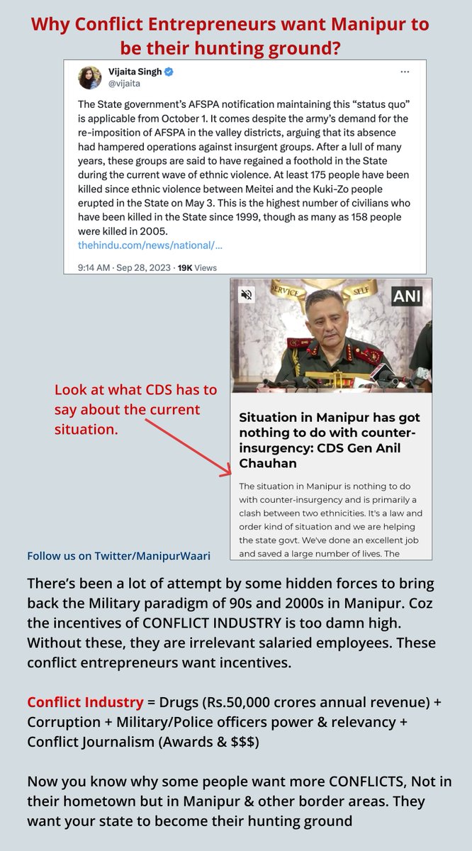 ManipurWaari (@manipurwaari) on Twitter photo Manipur Intellectuals must write/talk more about this.
Hidden forces spreading propaganda to Militairze Manipur.
Hint: Conflict entrepreneurs -> Relevancy & 💰💰💰
#ManipurFightsBack #Imphal
<a href="/PradipPhanjouba/">Pradip Phanjoubam</a> <a href="/Bimol_Akoijam/">A. Bimol Akoijam</a> <a href="/yumrupachandra/">yumnam rupachandra</a> <a href="/meiteiheritage/">Meitei Heritage Society</a> @KanglaPaari Manipur Intellectuals must write/talk more about this.
Hidden forces spreading propaganda to Militairze Manipur.
Hint: Conflict entrepreneurs -> Relevancy & 💰💰💰
#ManipurFightsBack #Imphal
<a href="/PradipPhanjouba/">Pradip Phanjoubam</a> <a href="/Bimol_Akoijam/">A. Bimol Akoijam</a> <a href="/yumrupachandra/">yumnam rupachandra</a> <a href="/meiteiheritage/">Meitei Heritage Society</a> @KanglaPaari