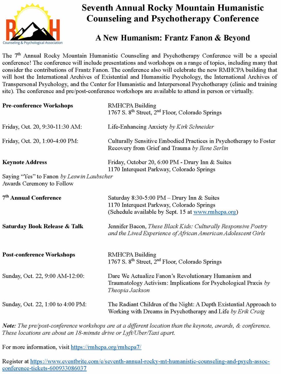 Just 3 weeks to the 7th Annual RMHCPA Conference!!! We have a great lineup of presenters. Register soon. There is a virtual option to join by Zoom as well. 

To register or see the full schedule, visit eventbrite.com/e/seventh-annu…