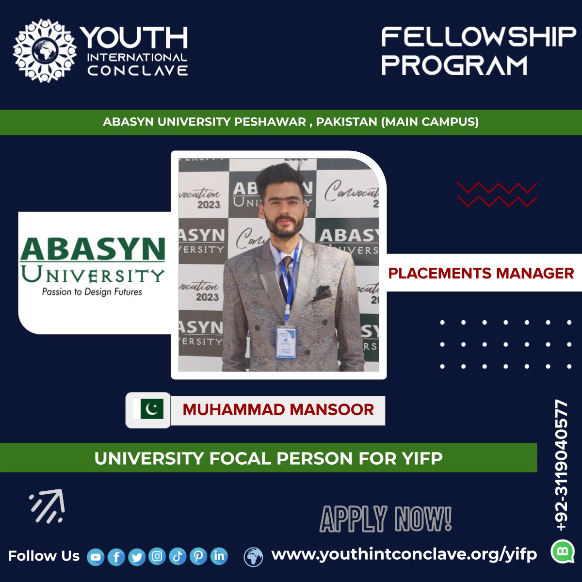 🌟Announcing Mr. Muhammad Mansoor as YIFP's University Focal Person

<a href="/youthinconclave/">Youth International Conclave YIC</a> is delighted to announce Mr. Muhammad Mansoor, the Placement Manager at <a href="/AUPofficial/">Abasyn University</a>, as the "University Focal Person" for YIFP

 YIFP Link: lnkd.in/dfmM789h

#YIFP #AbasynUniversity #YIC
