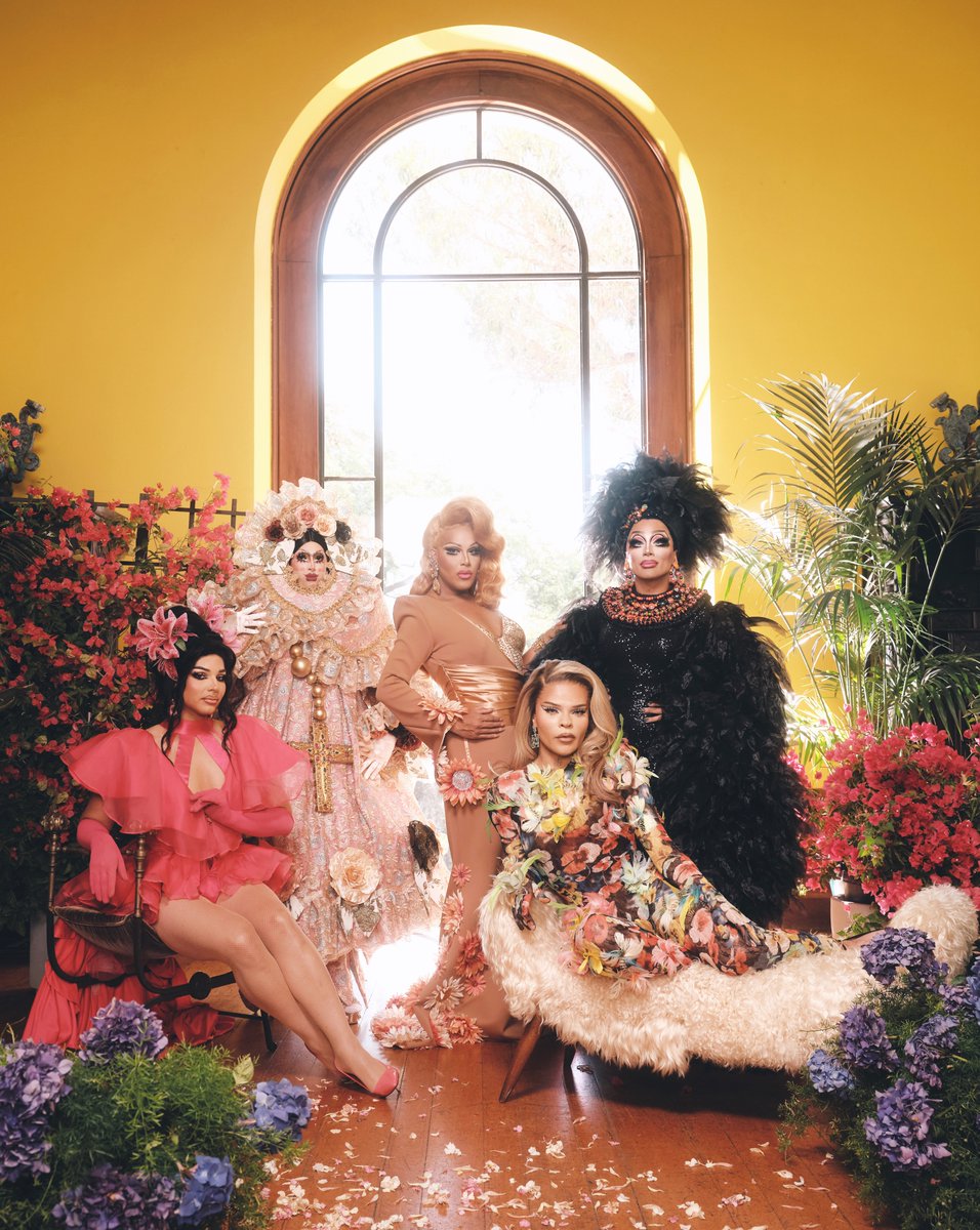 RuPaulsDragRace's tweet photo. This #LGBTQHerstoryMonth, we're giving five of our Latinx icons their flowers as they come together to honor their heritage and embrace the future of Queer Excellence! 💐✨ #DragRace https://t.co/gxIbWaWoqS