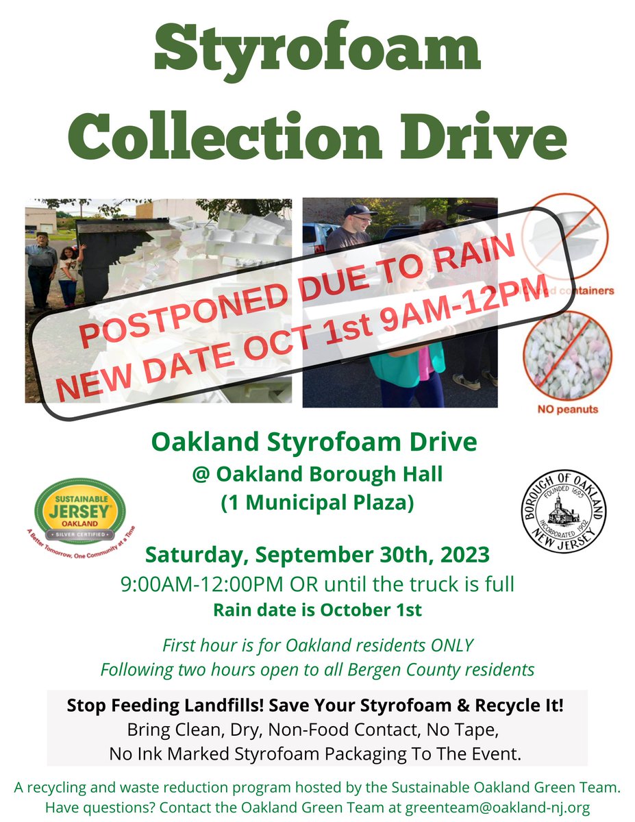 The Styrofoam Collection Drive has been postponed due to rain. The rain date is Sunday October 1, 2023 9-12N.
#oaklandnj