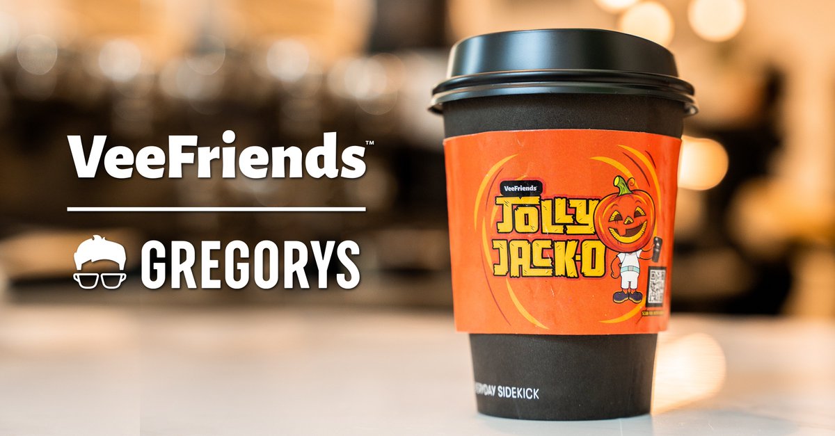 VeeFriends and Gregorys Coffee bring you "The Jolly Jack-O" 🎃 Pumpkin Chai Latte, equipped with custom VeeFriends Jolly Jack-O sleeves, and available at all Gregorys Coffee locations through the month of October ☕🧵