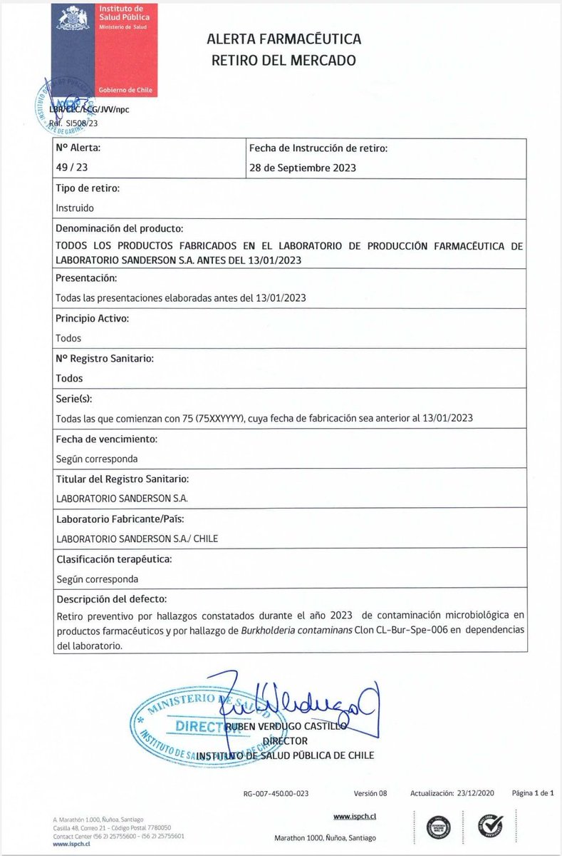 TuiteroSismico's tweet photo. ALERTA CHILE  🇨🇱 
El ISP ordena el retiro de todos los productos elaborados antes del 13/01/2023 del laboratorio Sanderson.
Ya sean medicamentos e insumos médicos (muchos utilizados en pabellónes) 
Para que puedan revisar en caso que tengan algo en sus casas.
Están contaminados con  Burkholderia Cepacia ( grupo de 9 bacterias) la cuál puede generar neumonia, fibrosis pulmonar, encefalomielitis, abscesos cutáneos entre otros.
Y tienen una fuerte resistencia a los antibióticos!