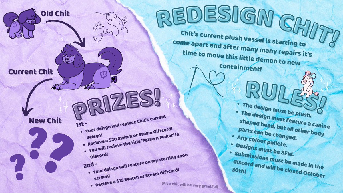SmallPlushGhost's tweet image. ✨COMPETITION TIME!✨
Help me make a pattern to sew Chit a new vessel! 
Redesign Chit and be in with a chance of winning some fun prizes! 💜 #DesignCompetition