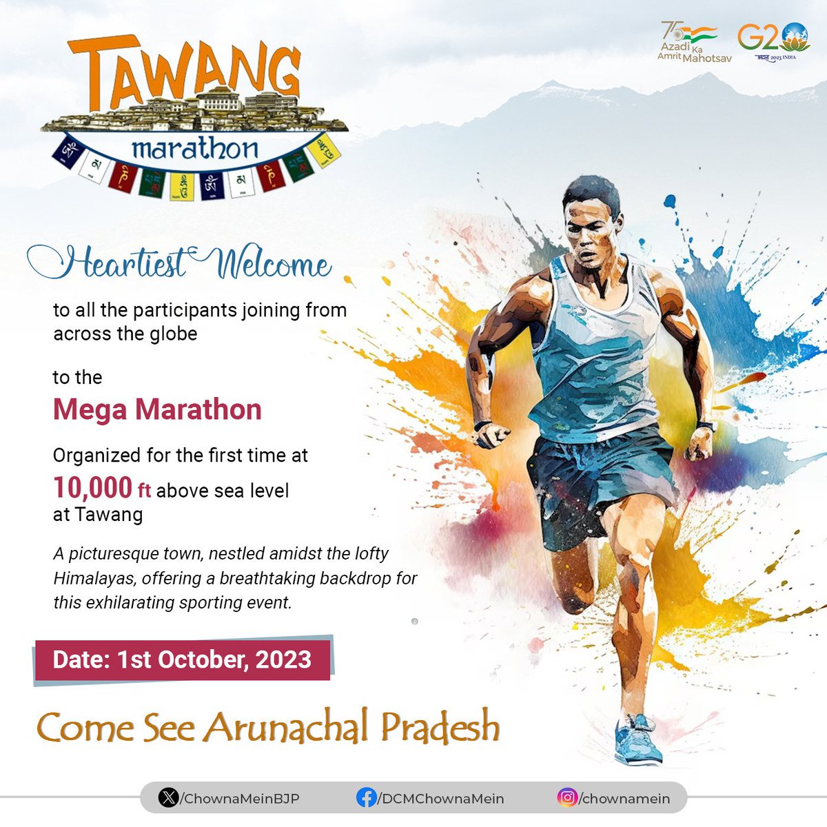 Tawang is set to witness an extraordinary event: the 1st ever Mega Marathon at an astounding altitude of 10,000 ft above sea level. This picturesque town is renowned for its natural beauty, serene monasteries and rich cultural heritage and is home to the magnificent Tawang