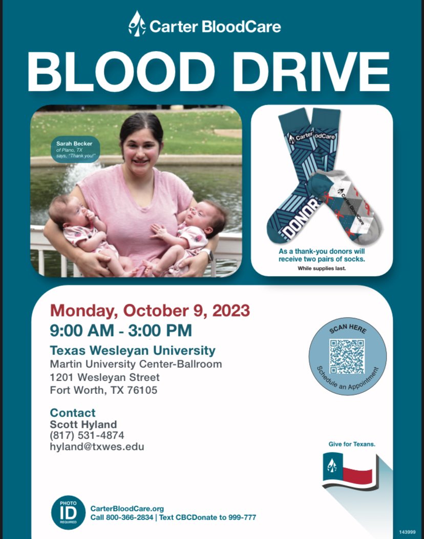 txweswbb's tweet photo. Join us Monday October 9th. For the Carter Blood Drive🩸, right here on Campus! Stop by between
9-3pm to donate!!
**For our Carter Blood Drive Fundraiser!
Scan the QR Code to schedule an appointment. See you there!
#Giveback #CarterBloodDrive
#TxWesWbb https://t.co/yzYh0JSOnZ