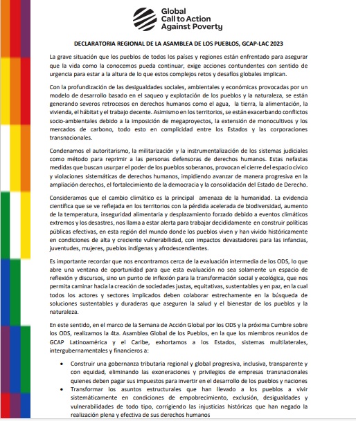 GCAP_LAC's tweet photo. Durante la Asamblea Regional de los Pueblos que #GcapLac preparó, se dio lectura a la Declaratoria Regional que recoge los principales mensajes y reflexiones claves que han surgido de las asambleas populares de los 10 paises donde #GcapLac está presente👇
https://t.co/XCtJGroa3q https://t.co/s2yteKCFms