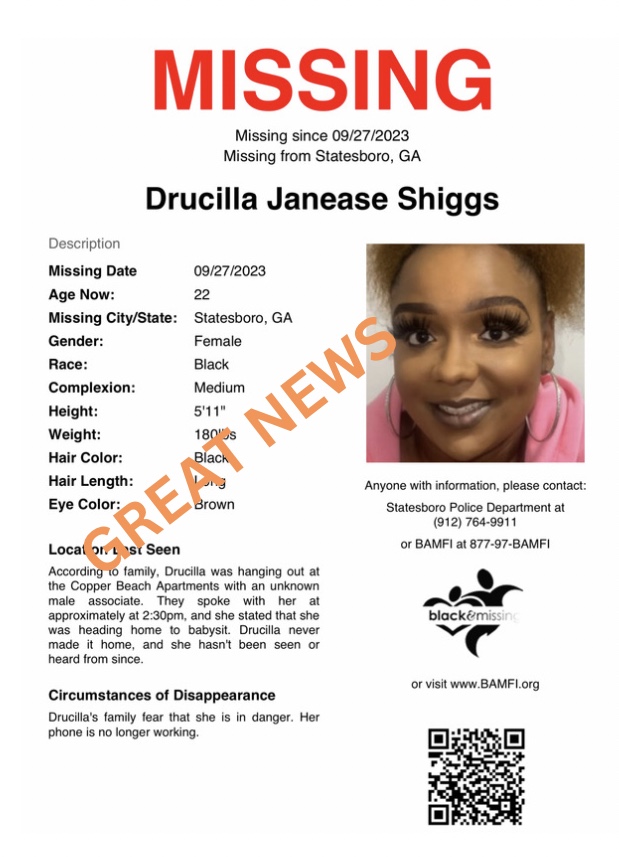 BAM_FI's tweet image. GREAT NEWS: We were just alerted that Drucilla Shiggs has been located, safe. Additional information not available at this time.

Thank you for sharing her profile. #Found #FindingFriday