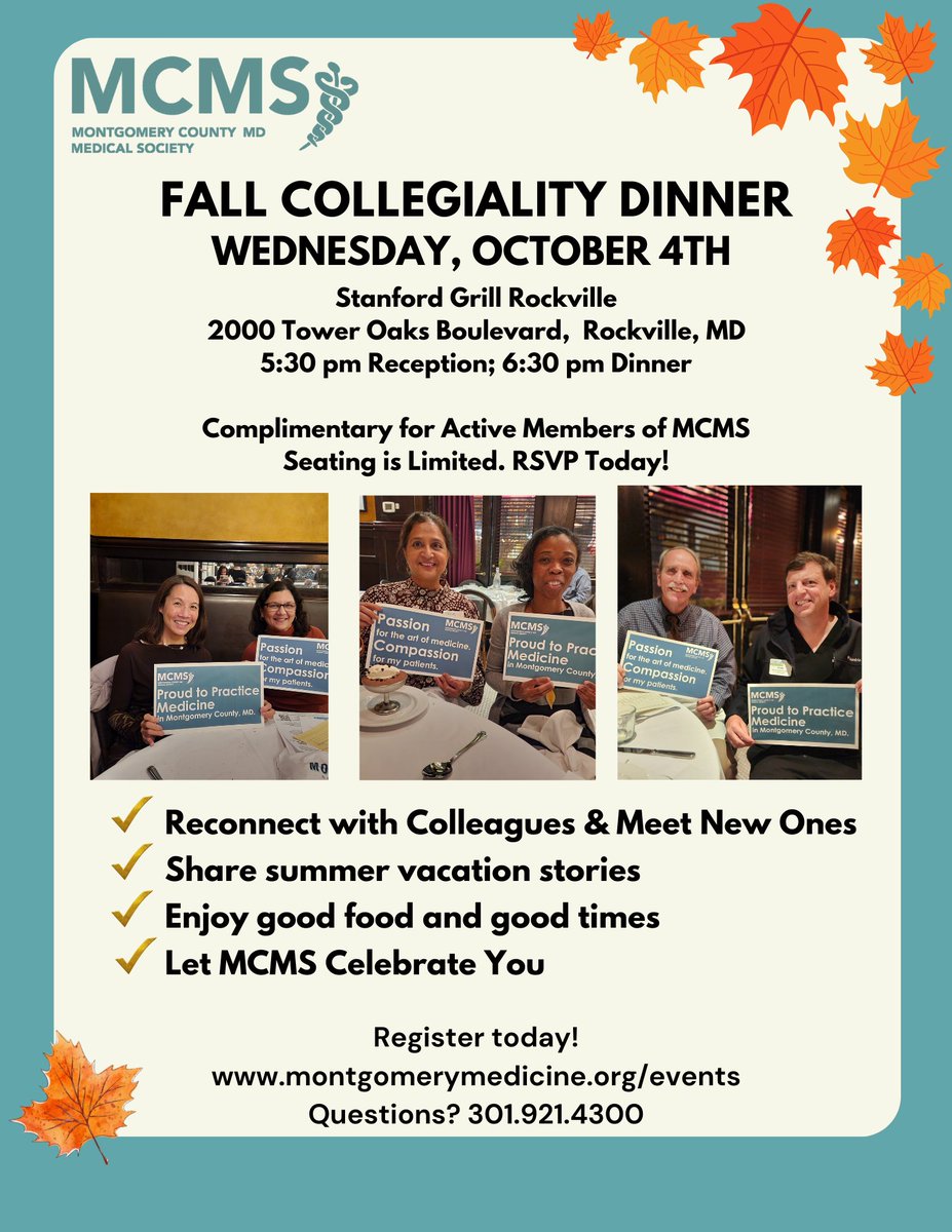 Fall Collegiality Dinner
Wednesday, October 4th

5:30 p.m. Reception | 6:30 p.m. Dinner

Join us to reconnect with colleagues and meet new ones! Seating is limited. We encourage our newest members to sign up today! Register here: montgomerymedicine.org/upcoming-event…