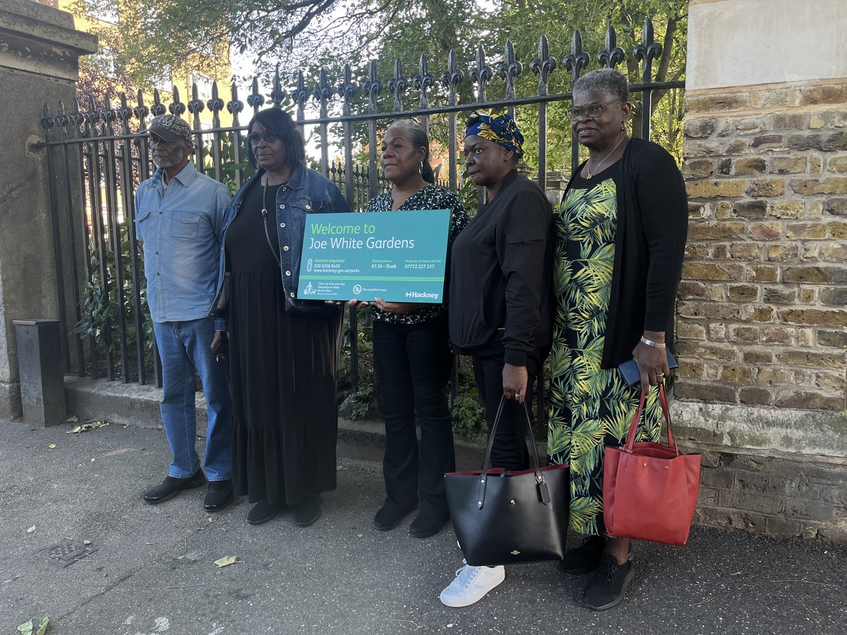 hackneycouncil's tweet photo. Today we unveiled signs for a park being renamed Joe White Gardens after a local basketball hero who inspired the community.

The renaming is part of a review into street, building &amp; public space names to ensure they reflect Hackney's diverse history.

https://t.co/Q4ZSmbSOtk https://t.co/qar3hz1Kco