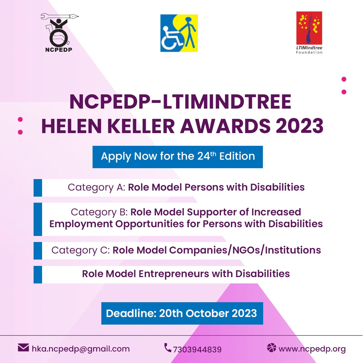 #HKA2023 📢 Nominations Open! NCPEDP-@LTIMindtreeOFCL Helen Keller Awards 2023, which celebrate equality & inclusion in employment ecosystem, are now accepting nominations. Send your entries for the 24th edition of the prestigious awards till October 20, 2023 Details below: