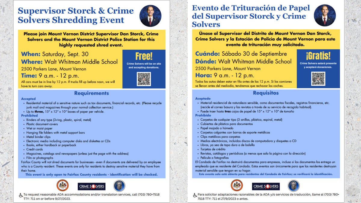FairfaxCountyPD's tweet photo. Mark your calendars! 🗓️ Join @DanStorck, @FFXCrimeSolvers, and #FCPD for a shredding event in the Mt. Vernon District on Sat, Sept 30. Safely dispose of confidential documents, protect your identity, and contribute to a safer community. See you there! 📄🔒 #ShreddingEvent https://t.co/IEHrmt0MYf