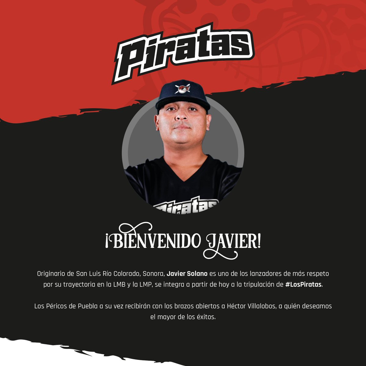 ¡Javier Solano se une a la tripulación de #LosPiratas! Uno de los lanzadores más respetados de la LMB y LMP.

A su vez, Pericos de Puebla recibe a Héctor Villalobos, a quién deseamos el mayor de los éxitos.

#Piratas2024 #TodosABordo