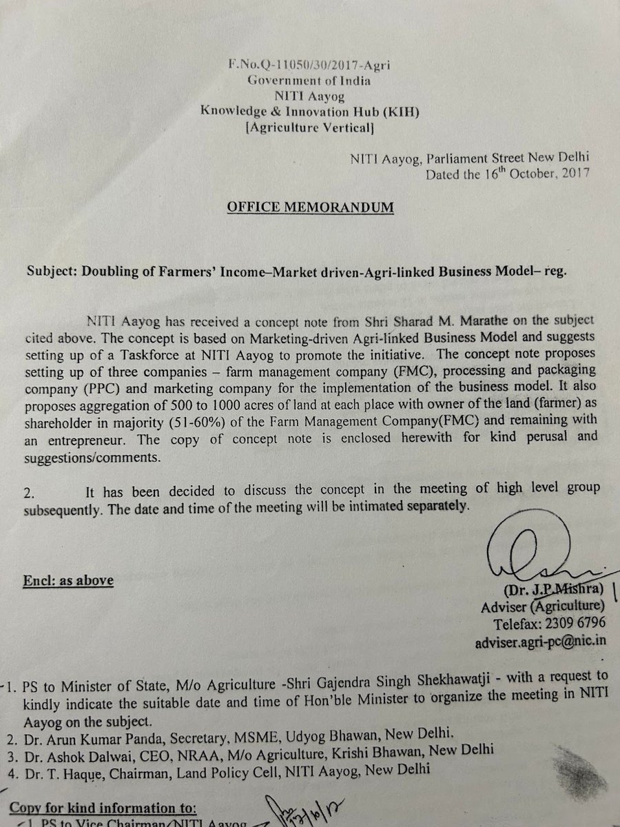 RahulSeeker's tweet photo. Remember 3 Firm Laws &amp; Farmer Protests?

This is the Niti Ayog Memo dated 16/10/17 a high-level meeting specifically to discuss the proposal of Sharad Marathe. 

Sharad Marathe an NRI has a Software Business in the US &amp; India but nothing related to agriculture. 
Plz stay.🙏🏼🧵 1/6 https://t.co/TUzy5i9Qf1