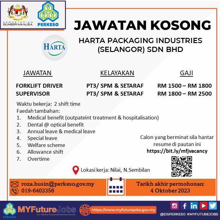 wanrozza's tweet photo. Hebahan jawatan kosong di Harta Packaging Industries (Selangor) Sdn Bhd

Jawatan: 
1) Forklift Driver
2) Supervisor

Lokasi kerja: Nilai, N.Sembilan

Calon yang berminat boleh membuat permohon dengan mengisi maklumat di pautan ini https://t.co/vdUj7YzYov https://t.co/B4LuAkYBfb
