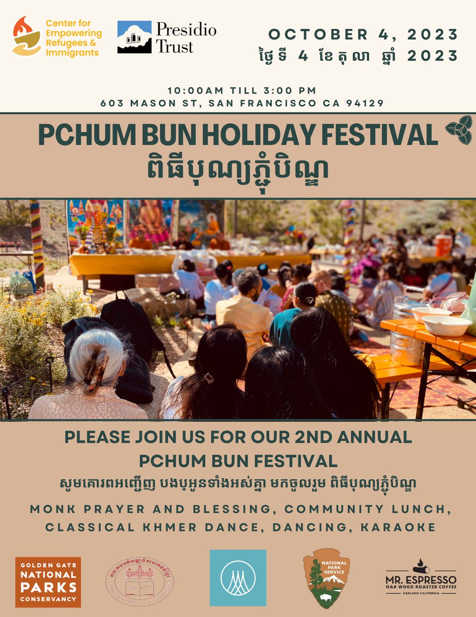 Bay Area folks: 

Join @CERIeastbay for their 2nd Annual Pchum Ben Festival at the Presidio!

This Khmer holiday honors our ancestors, reconnects our communities, and reaffirms our traditional rituals.

Wed Oct 4th 2023, 9am-3pm

Co-hosted by CERI, Presidio Trust, <a href="/parks4all/">Parks Conservancy</a>