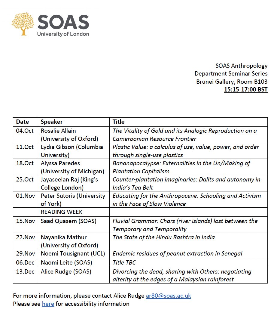 SOASanthro's tweet photo. What do anthropologists have to say about plantation capitalism? How should we study nationalist political movements? How are people living in toxic worlds? Our Departmental Seminar series has a brilliant line up of speakers exploring these questions. Join us Wednesdays at 3.15. https://t.co/hAxXy6dJul