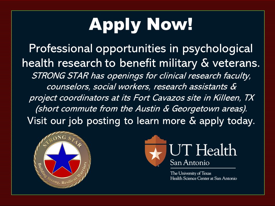 strongstar_ptsd's tweet photo. #PsychologicalHealth #CareerOpportunities with STRONG STAR/@UTHealthSA.  Grow professionally, advance #research/#clinicalcare for #military/#veterans in areas of #PTSD, #sleep, #ChronicPain, #braininjury, #headache, #tinnitus, #resiliencyenhancement &amp; more https://t.co/yZ6Sl4ZJ0j https://t.co/IzTDBunTPL