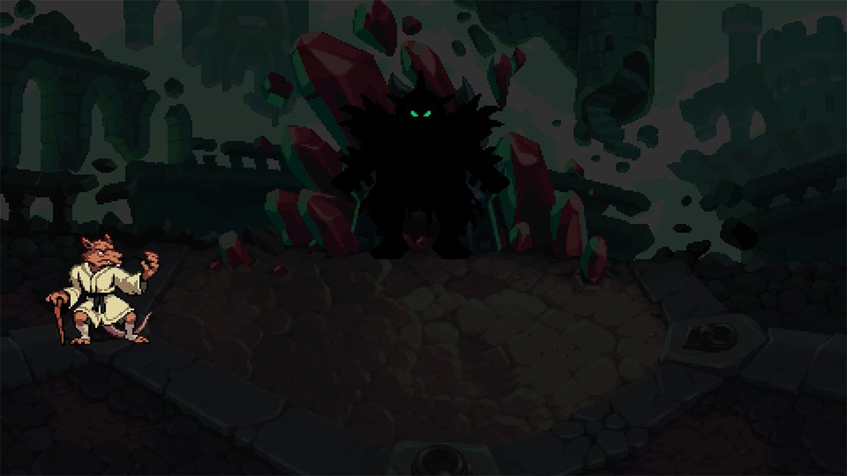 Dotemu's tweet image. In Dimension Shellshock, Shredder checks all modern supervillain requirements:

💎Seeks powerful gems 
💺Ominously sits in a chair 
🚨Is a threat to multiple dimensions 
💪Super shredded (pun not intended) 

#TMNT #ShreddersRevenge #DimensionShellshock