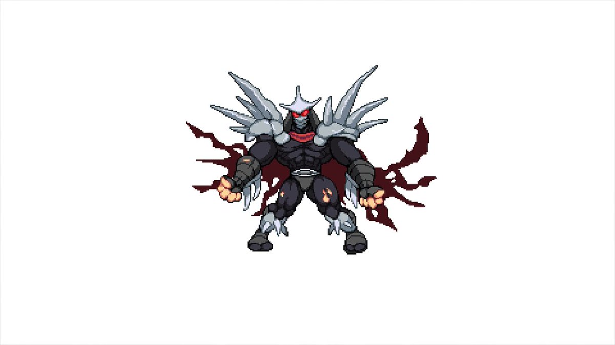 Dotemu's tweet image. In Dimension Shellshock, Shredder checks all modern supervillain requirements:

💎Seeks powerful gems 
💺Ominously sits in a chair 
🚨Is a threat to multiple dimensions 
💪Super shredded (pun not intended) 

#TMNT #ShreddersRevenge #DimensionShellshock