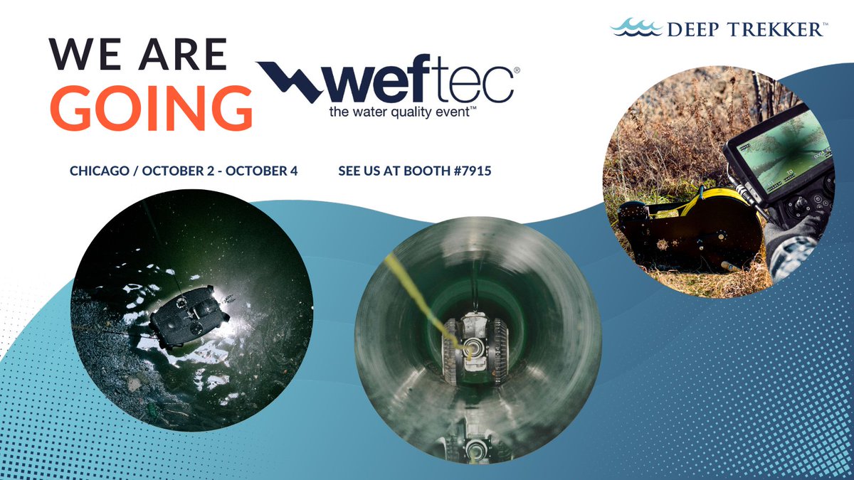 deeptrekker's tweet image. We&apos;re going to Chicago on October 2-4 for #WEFTEC2023 in Chicago, IL!  

Come say hi at booth #7915! 

Click the link below for a free exhibition ticket!  

bit.ly/3ZwO0tm 

#DeepTrekker #PipeTrekker #WEFTEC #wastewatertreatment #inspection #crawler #ROV #robotics