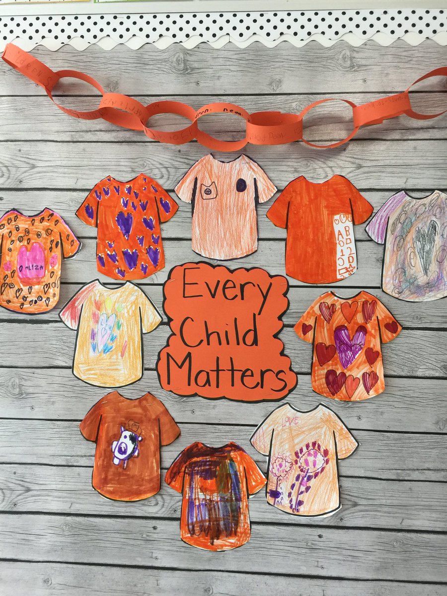 The_OJCS's tweet photo. Our Grade 1 students watched a special video for #OrangeShirtDay and talked about how #EveryChildMatters. 

They designed orange shirts and made a paper chain. The students wrote on each link about what every child needs for a good life. 
🧡🧡🧡 
#theOJCSdifference https://t.co/pXJnQj5QXz