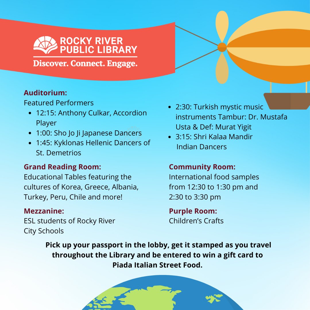 RRPL's tweet image. Join us for a Multicultural Festival featuring performers, stories, crafts and food this Saturday! #rrpl #libraryprograms #libraries