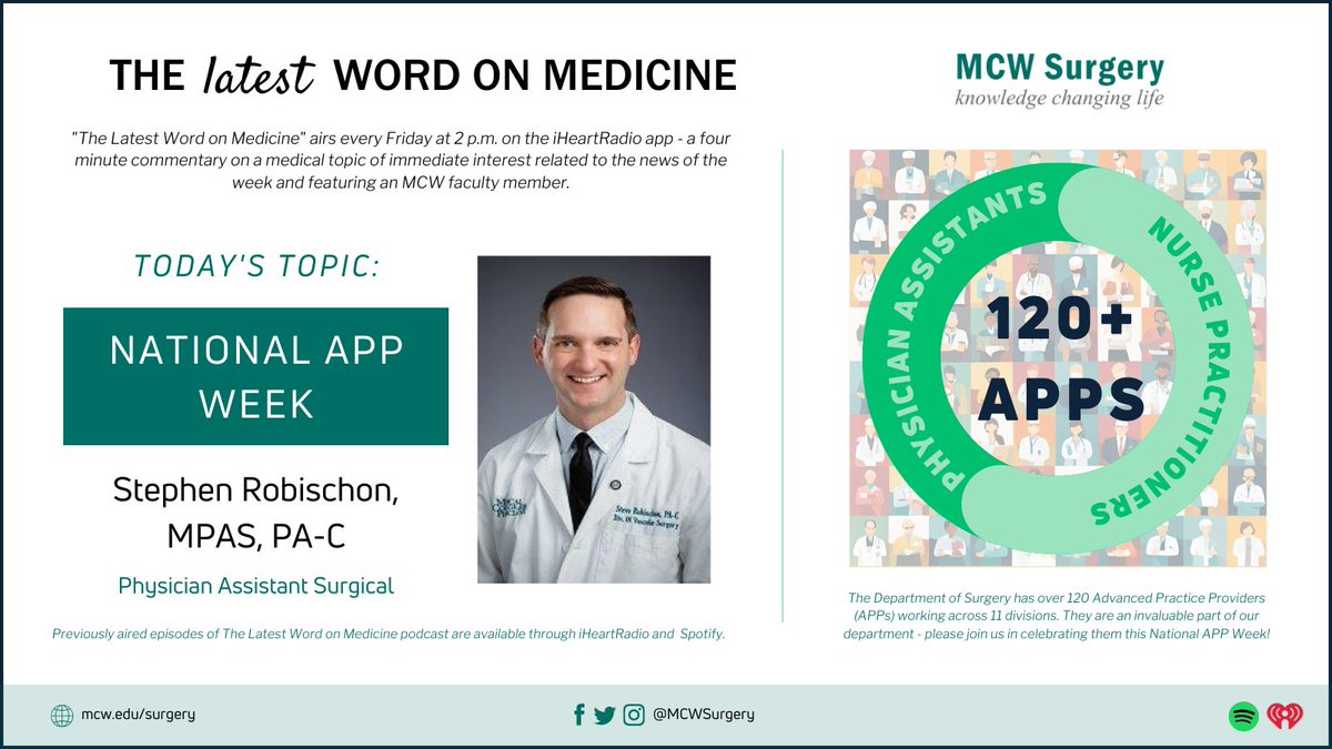 🎙️The #LatestWordOnMedicine airs at 2PM on @iHeartRadio & discusses the incredible work of #PhysicianAssistant & #NursePracitioner providers for #NationalAPPWeek!

Listen here: ow.ly/OrPL50PM7B1

@MedicalCollege #LeadingTheWay @MCWVascSurg @MCWtraumaacs @MCWPedSurg @MCWMIGS