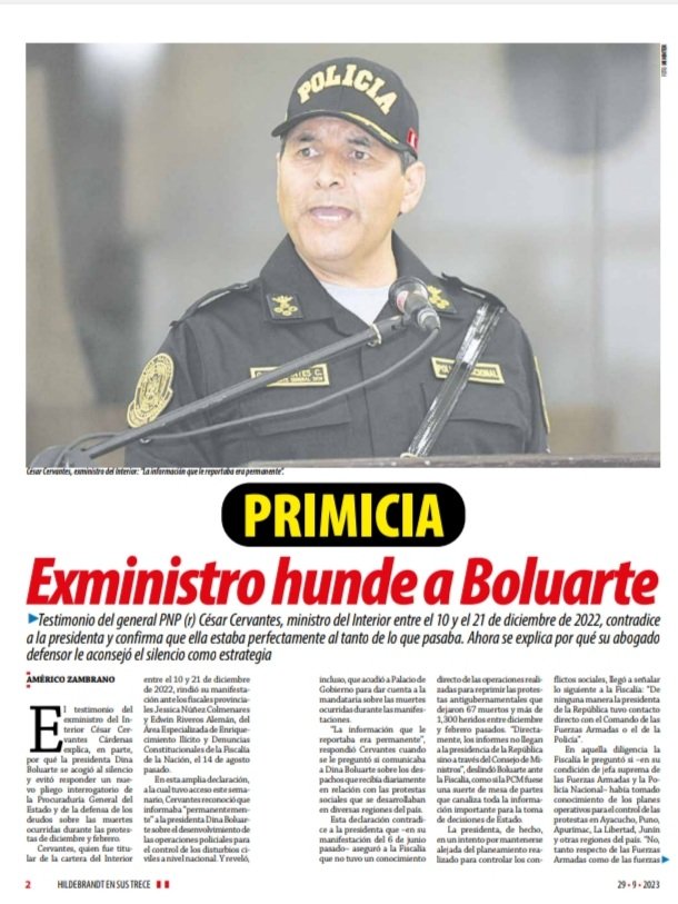 ensustrece's tweet photo. En #Hildebrandt @ensustrece: EXMINISTRO HUNDE A BOLUARTE por @mecozam. Testimonio del general PNP (r) César Cervantes, ministro del Interior entre el 10 y el 21 de diciembre de 2022, contradice a la presidenta y confirma que ella estaba perfectamente al tanto de lo que pasaba. Ahora se explica por qué su abogado defensor le aconsejó el silencio como estrategia. El reportaje en https://t.co/Yd2EU1qlZG