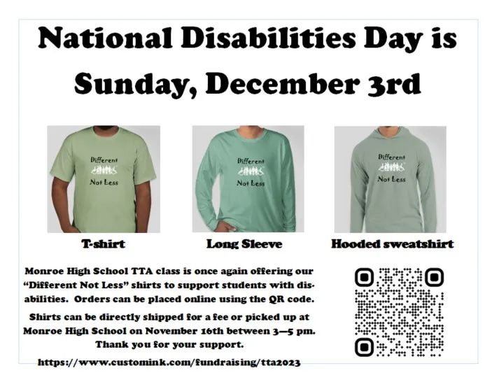 MonroeHSNC's tweet photo. Monroe High School TTA class is once again offering our "Different Not Less" shirts to support students with disabilities.  Orders can be placed online using the QR code.  Shirts can be directly shipped for a fee or picked up at MHS on Nov.16th, 3-5 pm.
https://t.co/ifF0q7T7Qa https://t.co/qFfdQMCkdU