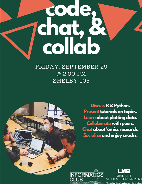 UAB_IC's tweet photo. Happening today at 2pm Shelby 105 :) 

We'll talk a little bit about ggplot2 code.
Then we'll have time to chat and collab!

Bring your laptop and questions- see you there!! https://t.co/d6S6Dd9Ol5