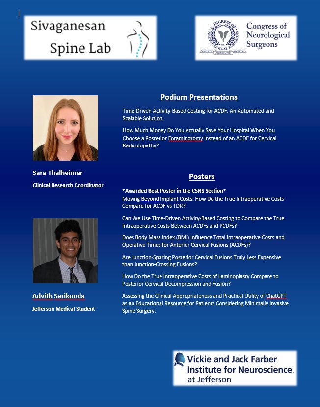 AhilanSiva's tweet photo. Congrats to everyone in our spine economics research group @TJUHNeurosurg for a great showing at the @CNS_Update meeting in DC. Kudos to Sara Thallheimer &amp; @advithsarikonda for giving 2 podium presentations! 

@spinesection @AshSharan @PascalJabbourMD @AANSNeuro @rhrosenwasser https://t.co/hnyg45nAMf