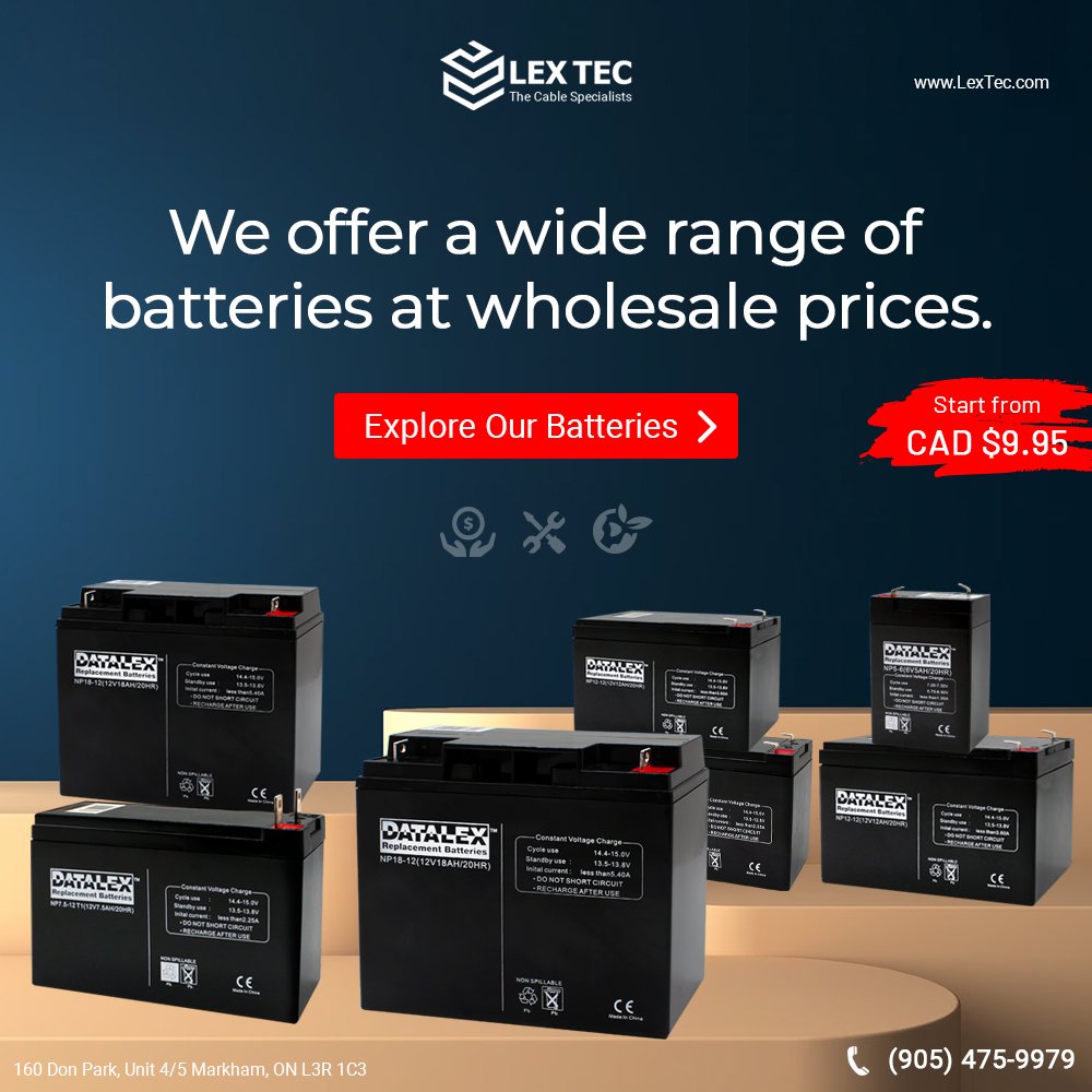 LexTecInc's tweet photo. https://t.co/3Xwjsk8ejA
Power up your business with LexTec! 🔋 We're your one-stop destination for a vast selection of batteries at unbeatable wholesale prices. Contact us today at (905) 475-9979 or visit https://t.co/BU7ZHQsy4x.  #LexTec #WholesaleBatteries #PowerYourBusiness https://t.co/XncZ7jb7pp