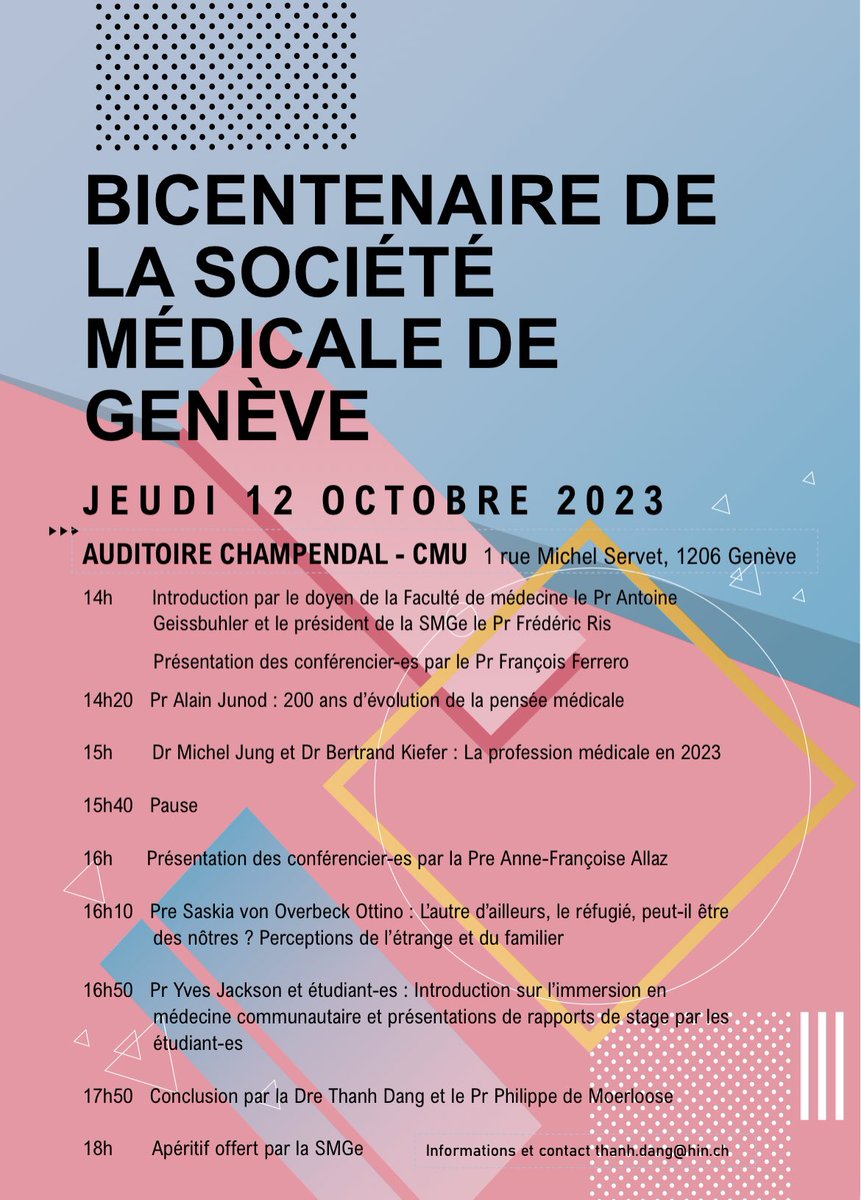 Ris Frederic (@ris_frederic) on Twitter photo Jeudi 12 octobre
SYMPOSIUM DU BICENTENAIRE
14h-18h au CMU, auditoire Champendal, entrée libre
programme joint
APERO au CMU
18h-19h, entrée libre Jeudi 12 octobre
SYMPOSIUM DU BICENTENAIRE
14h-18h au CMU, auditoire Champendal, entrée libre
programme joint
APERO au CMU
18h-19h, entrée libre
