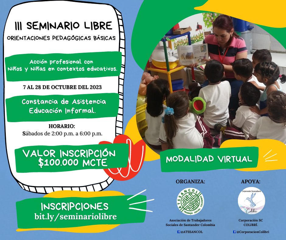 AtssanCol's tweet photo. III SEMINARIO LIBRE 
7 al 28 de Octubre 2023 
Colombia  

Inscripción: 
https://t.co/XXMPxgZ1pd 

Brochure: 
https://t.co/7JHD4IunuX   

Virtual 
Valor: $100.000 mcte  

Información: atssancol@gmail.com  

#IIISeminarioLibre 
#CorporaciónColibrí 
#SoyATSSANCOL https://t.co/d1gQSbsMG9