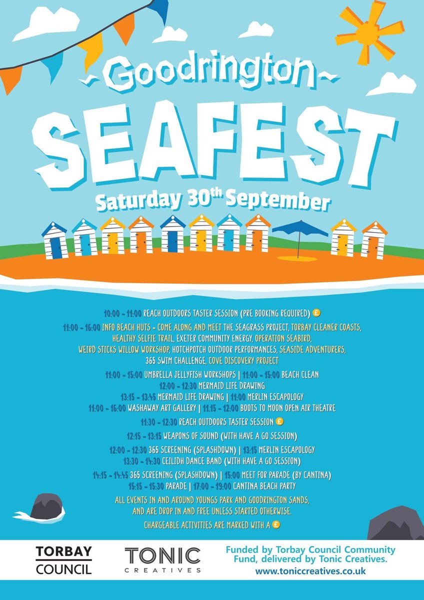 Today is the big day! Are you ready for Goodrington Seafest and a day of FREE fun for all the family?

We will be down at Youngs Park and Goodrington Seafront from 11am till 4pm, when the beach party and music starts at @cantina. 

See you at the seaside!