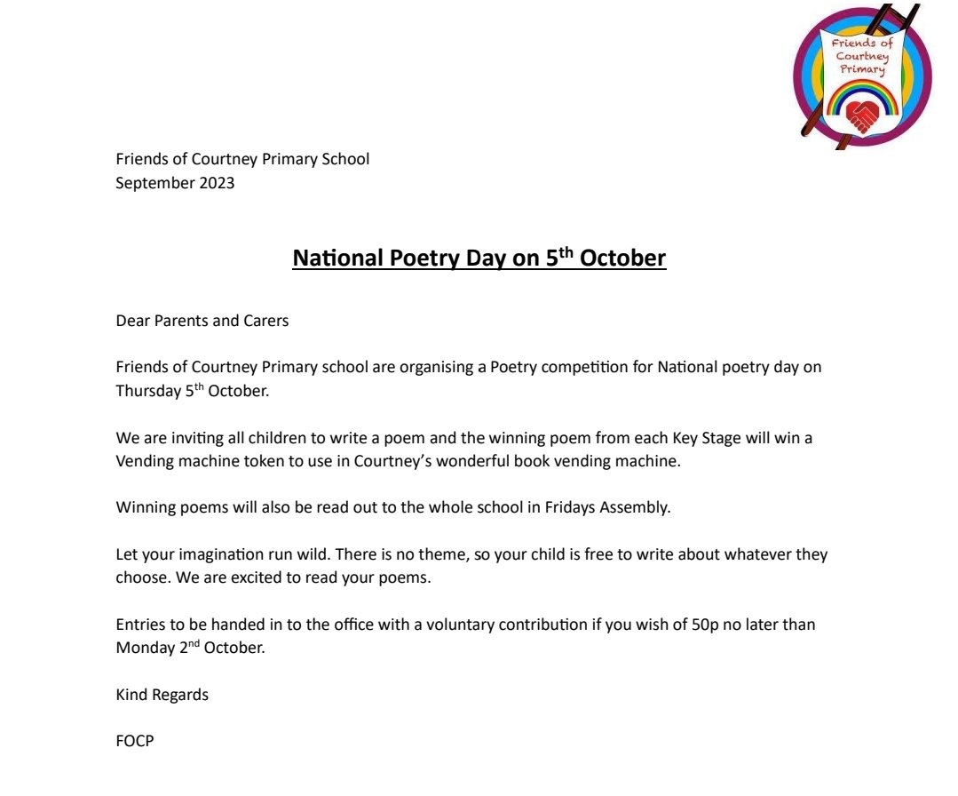 CourtneyFocp's tweet photo. ⭐️⭐️National Poetry Day October 5th⭐️⭐️
Quick reminder for the poetry competition. Entries need to be in the office on Monday, so it's the last weekend to do it. Please give it a go 🙏. It can be as long or short as your child wants it to be. About any topic of their choice. https://t.co/Yk58thHh9P