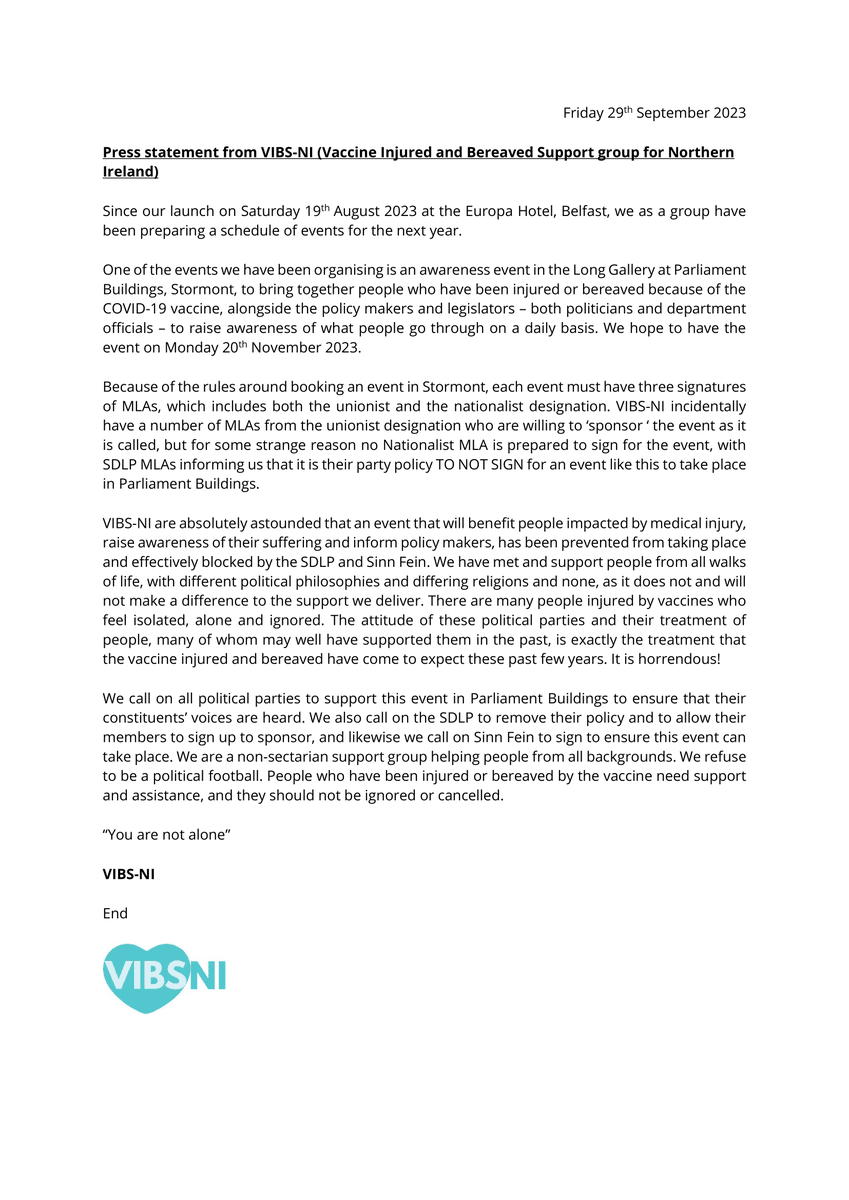 Plans to hold an awareness event for the vaccine injured and bereaved on Monday 20th November 2023 in the Long Gallery at Parliament Buildings, Stormont, are being effectively blocked by SDLP and Sinn Fein.

We call on all parties to support this event.

Press statement provided.