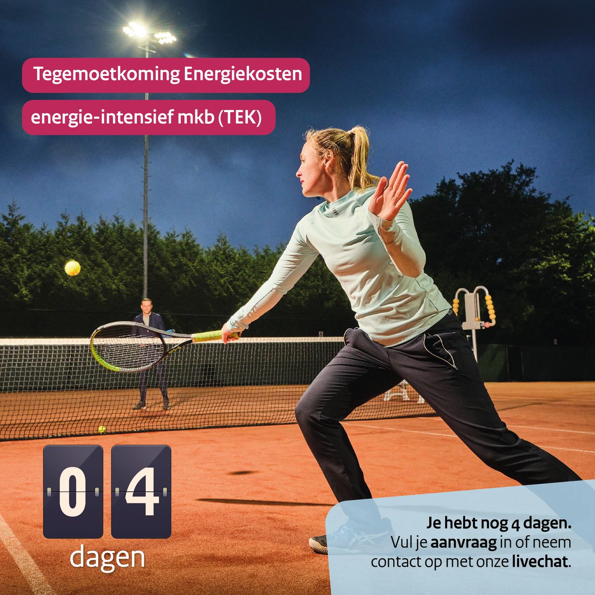 Let op: Je hebt nog 4 dagen om tegemoetkoming voor energiekosten aan te vragen als de energiekosten minimaal 7% van de totale omzet over 2022 bedragen. 

Heb je een vraag? We helpen je graag verder. Gebruik de livechat op rvo.nl/tek om je vraag te stellen. 

#TEK