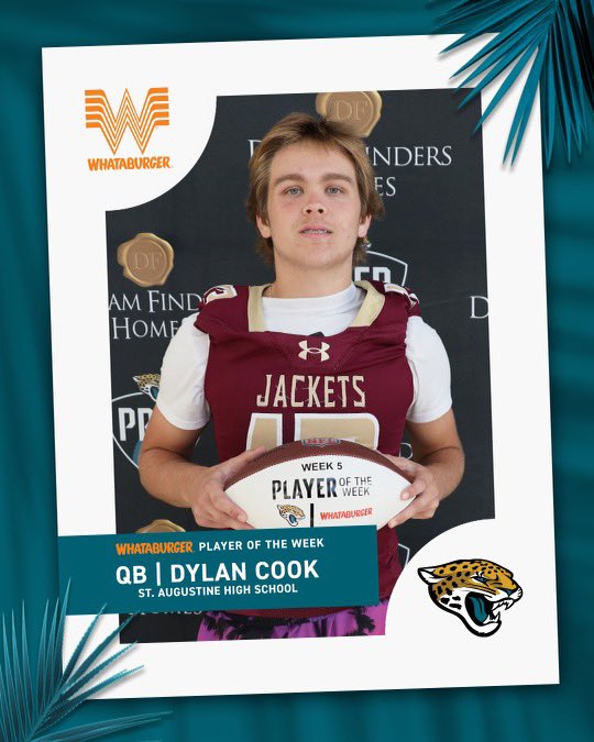The @Whataburger Player of the Week for Week 5 is Dylan Cook. He had 300+ passing yards and 3 touchdown passes! 🎯 @Jaguars | @ActionSportsJax