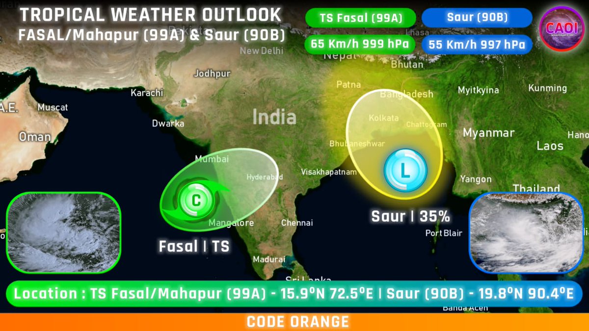 CycloneAnalyser's tweet image. Special #TWO
#Cyclone #Fasal-#Mahapur maintaining its intensity of #Konkan coast while bursting new Convection around its center &amp;amp; remained Stationary nearly
While Monsoonal Low #Saur improved significantly &amp;amp; could intensify into a #Cyclone before making landfall in #WestBengal⚠