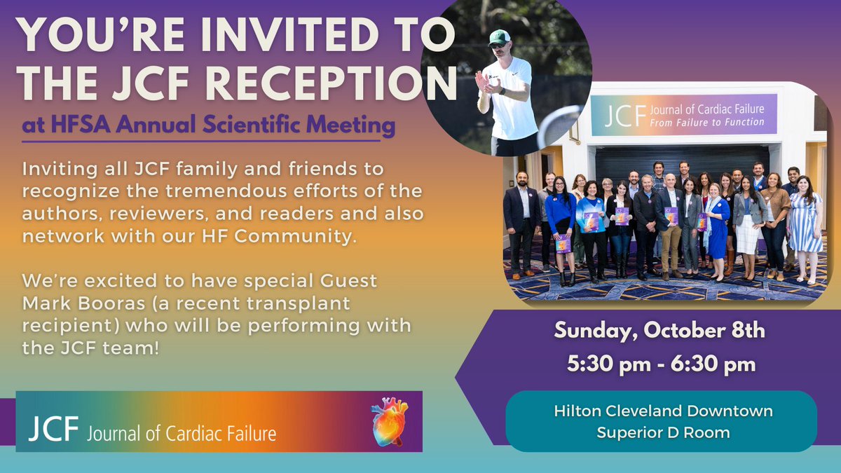 Join us at the JCF Reception @HFSA annual meeting - Sunday night, Oct 8 at 5:30p! Details below Recognizing the tremendous efforts of @JCardFail Family & Friends Special guest Mark Booras will be performing with the JCF Team too! Check out the amazing 📺 below!